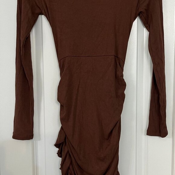 Brown Ruched Cutout Midi Dress - Long Sleeve - Picture 5 of 7